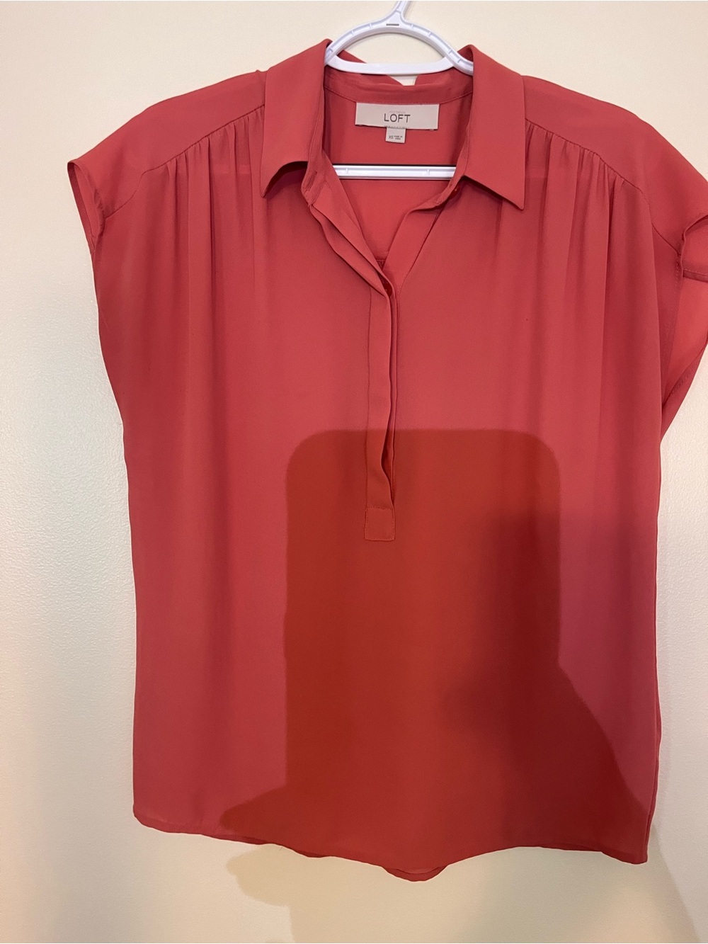 LOFT Coral-Red Cap Sleeve Split-Neck Blouse